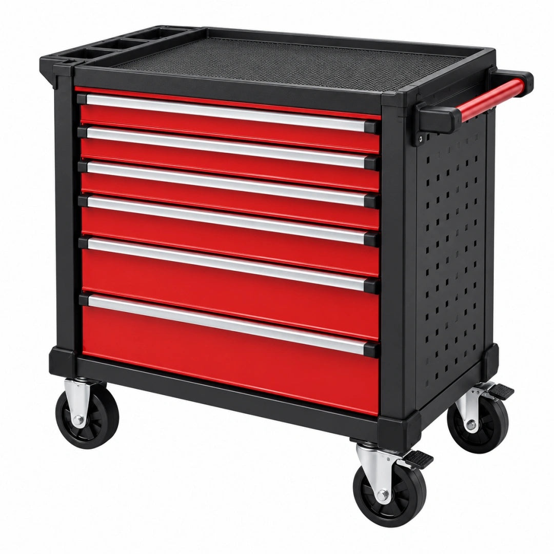 Servante d'atelier 77 x 46 x 97 cm en acier noir et rouge avec 7 tiroirs et roulettes