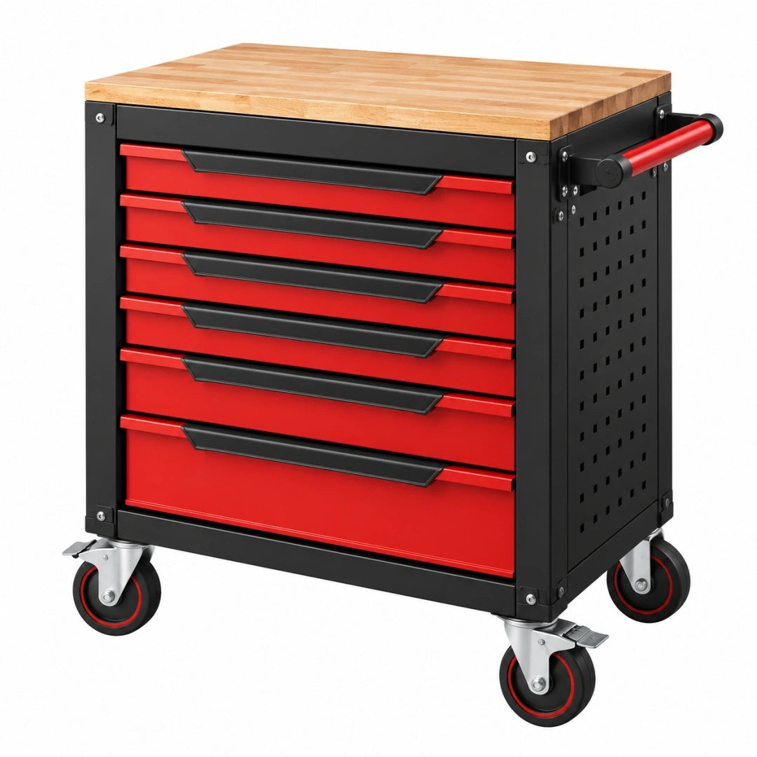Servante d'atelier 77 x 46 x 97 cm en acier rouge et noir avec plateau en bois à roulettes