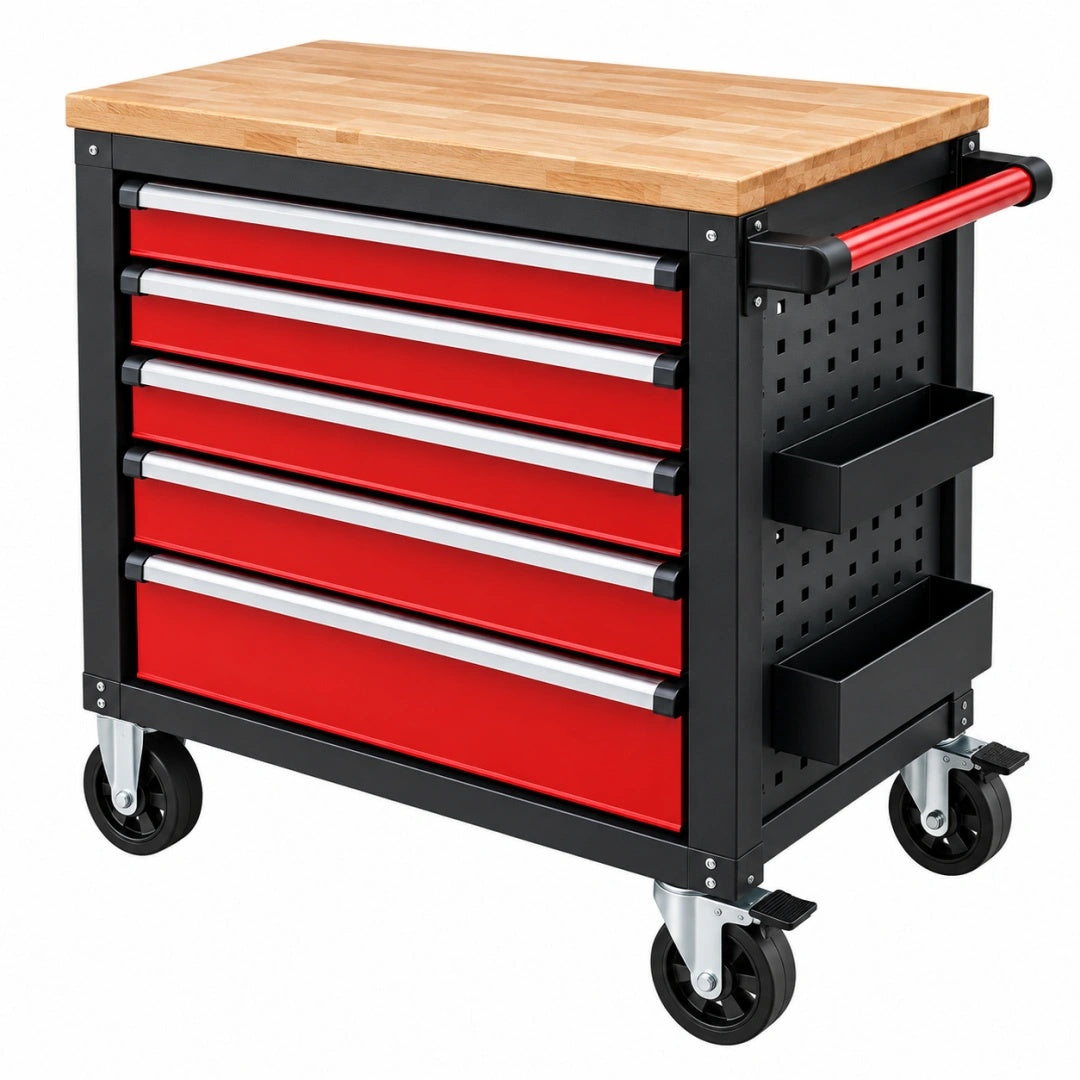 Servante d'atelier 80 x 46 x 92 cm en acier et bois rouge noire mobile à 5 tiroirs