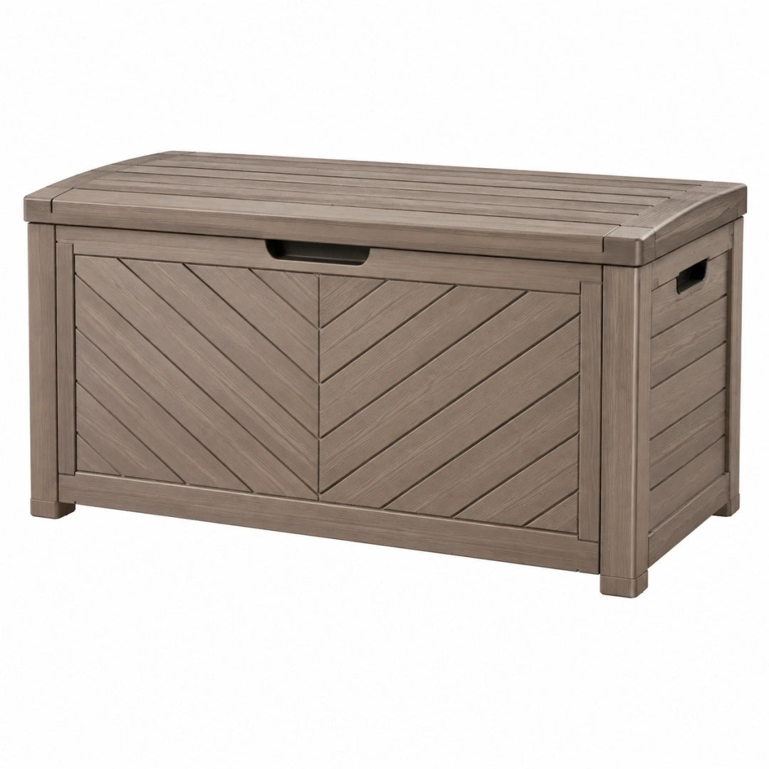 Coffre de rangement extérieur 120 x 60 x 65 cm en résine taupe effet bois avec couvercle