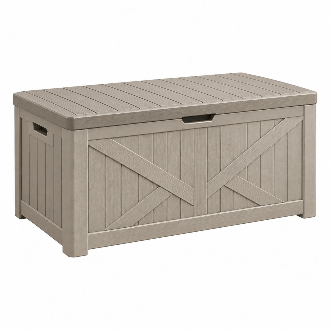 Coffre de rangement extérieur 120 x 60 x 63 cm en résine taupe avec couvercle style rustique