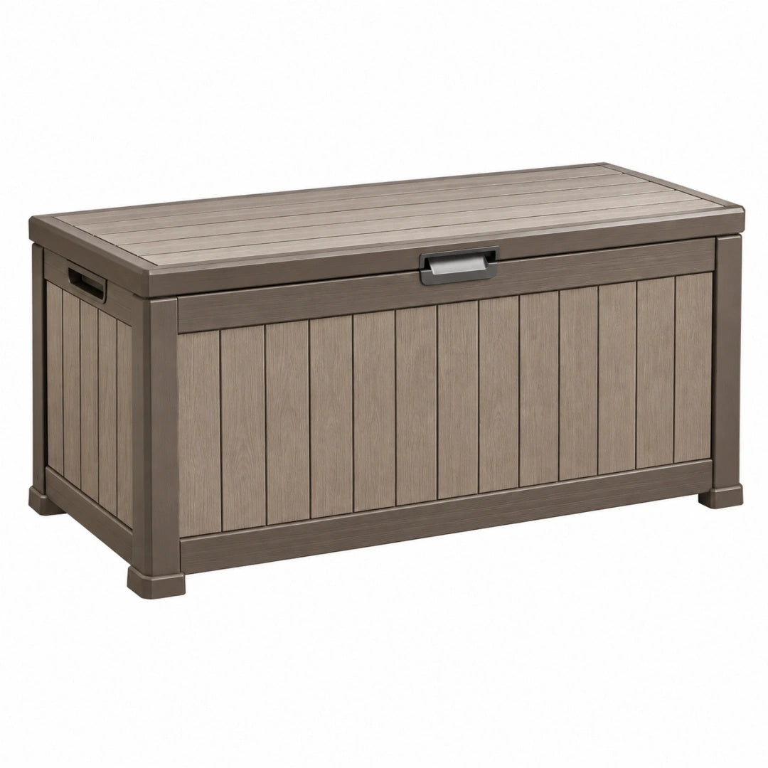 Coffre de rangement 120 x 60 x 63 cm en résine taupe pour extérieur à couvercle