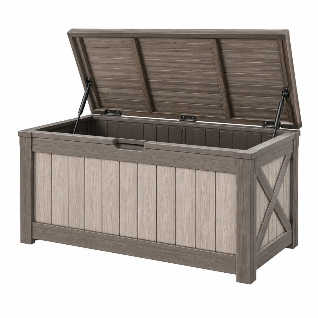 Coffre de rangement extérieur 150 x 70 x 75 cm en résine gris bois avec couvercle assisté