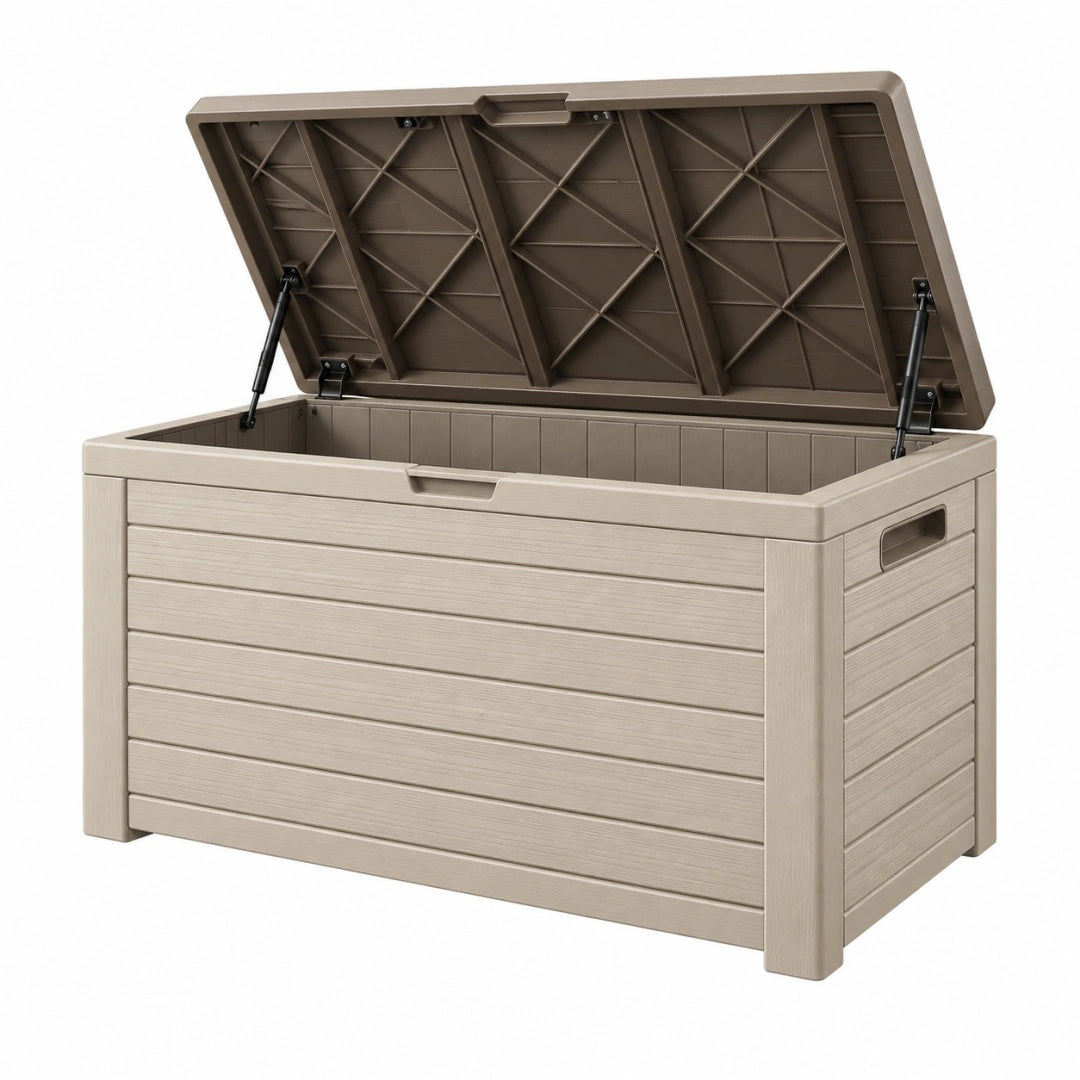 Coffre de rangement extérieur 120 x 56 x 63 cm en résine taupe avec couvercle assisté
