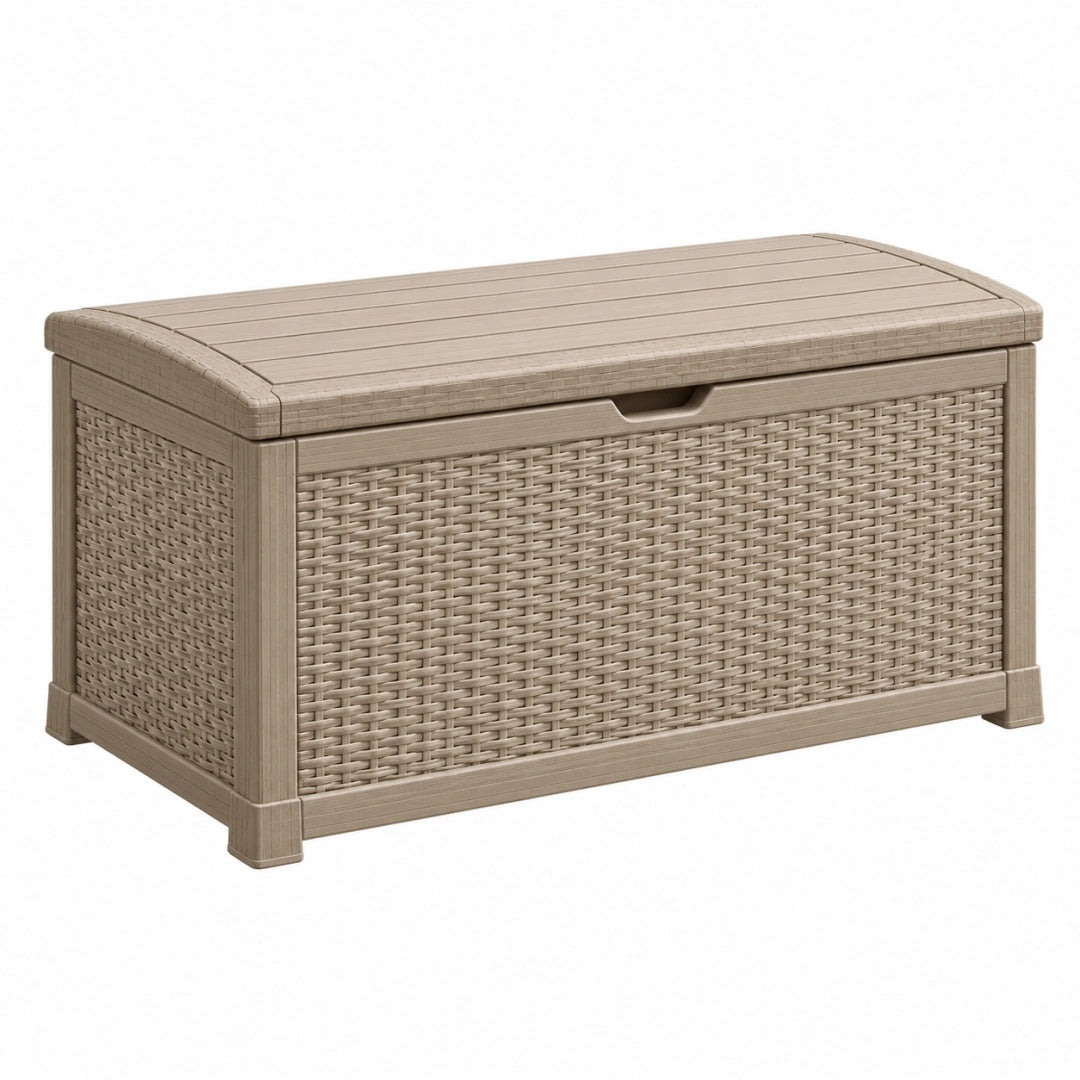 Coffre de rangement 120 x 56 x 63 cm en résine taupe pour extérieur avec couvercle