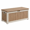 Coffre de rangement extérieur 120 x 60 x 65 cm en résine beige et marron effet bois à couvercle