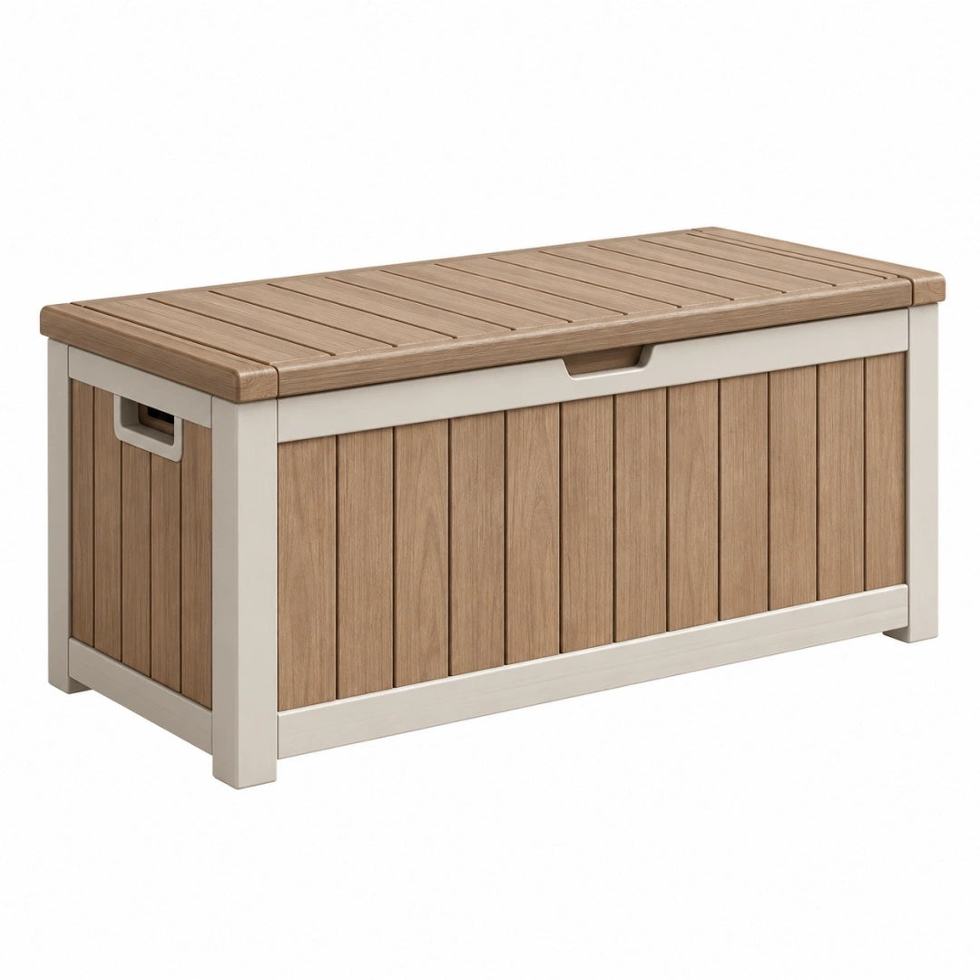 Coffre de rangement extérieur 120 x 60 x 65 cm en résine beige et marron effet bois à couvercle