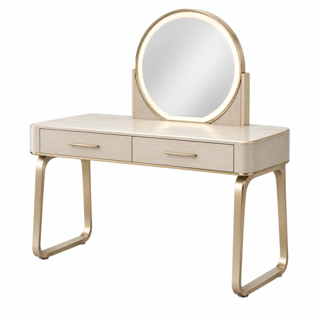Coiffeuse 120 x 45 x 140 cm en panneaux effet bois beige avec miroir et tiroirs style contemporain
