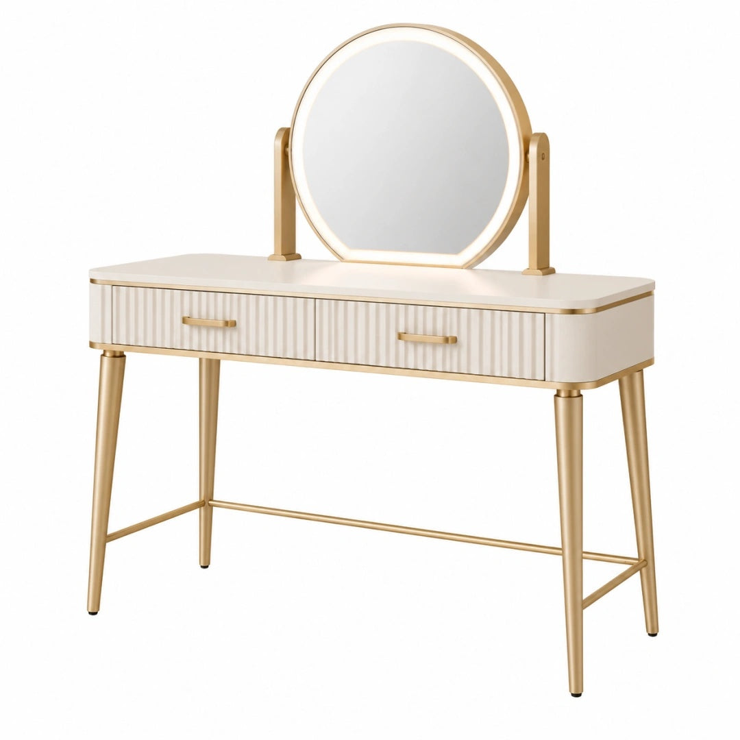 Coiffeuse 100 x 45 x 135 cm blanche et dorée en bois et métal avec miroir et 2 tiroirs style contemporain
