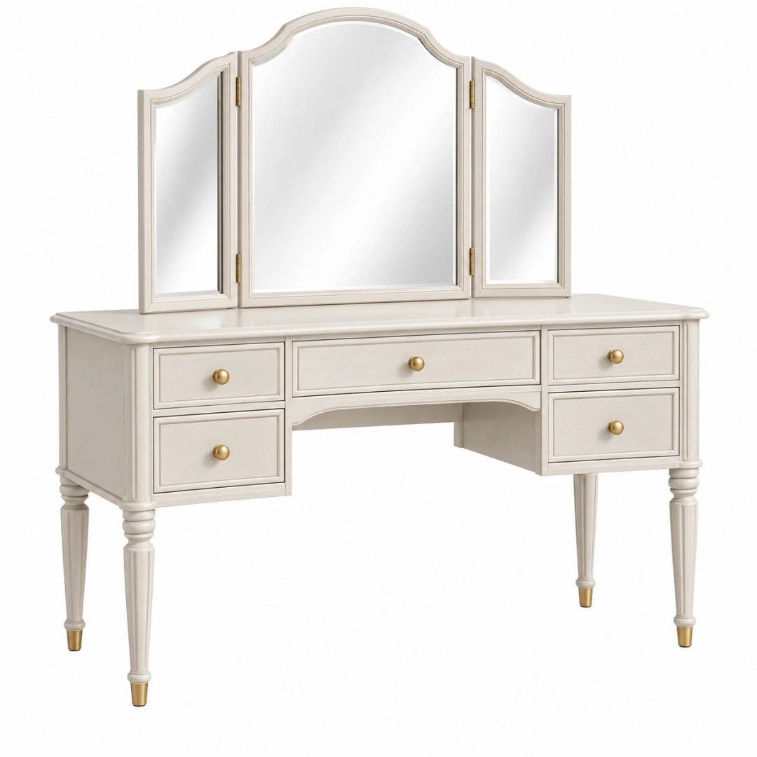 Coiffeuse 120 cm en bois blanc avec miroir triptyque et 5 tiroirs style classique