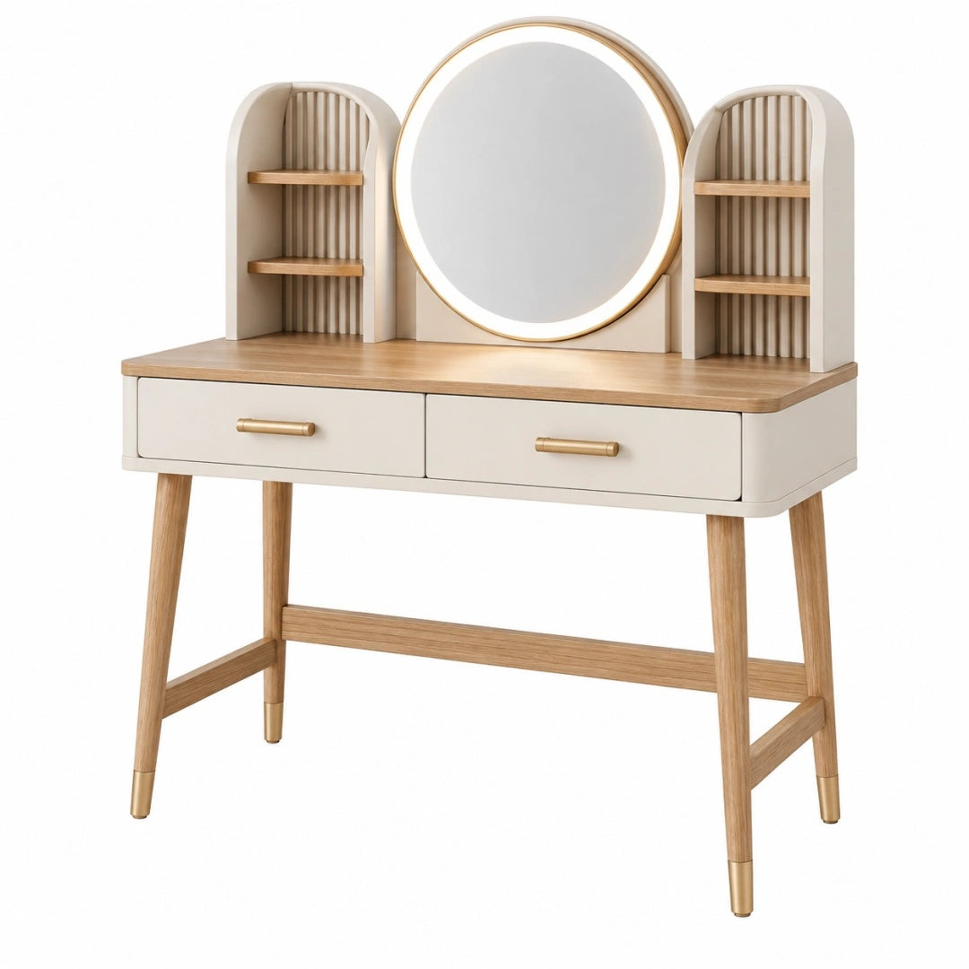 Coiffeuse 100 x 45 x 150 cm en bois beige avec miroir et rangements style scandinave