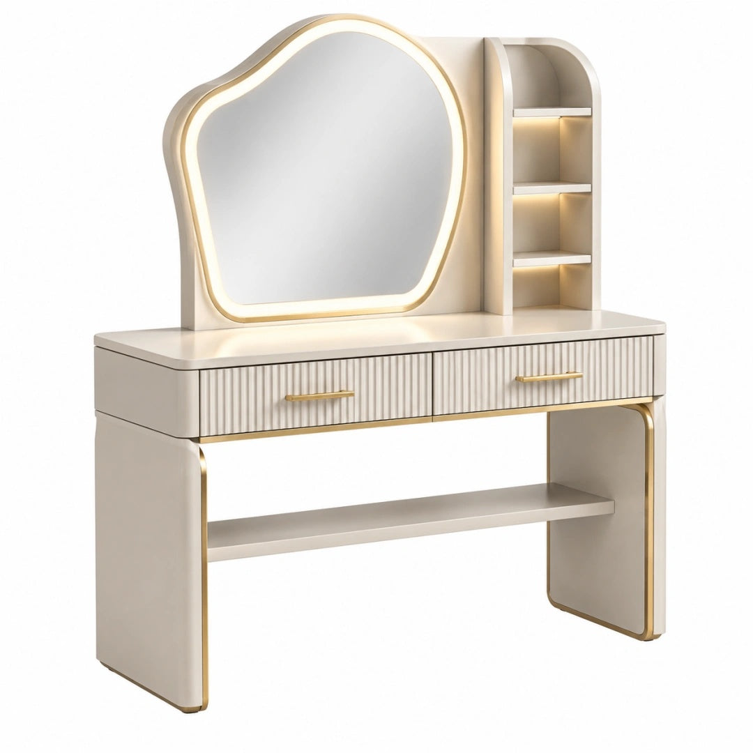 Coiffeuse 120 x 45 x 140 cm en panneaux blanc crème avec miroir éclairé et rangement contemporain