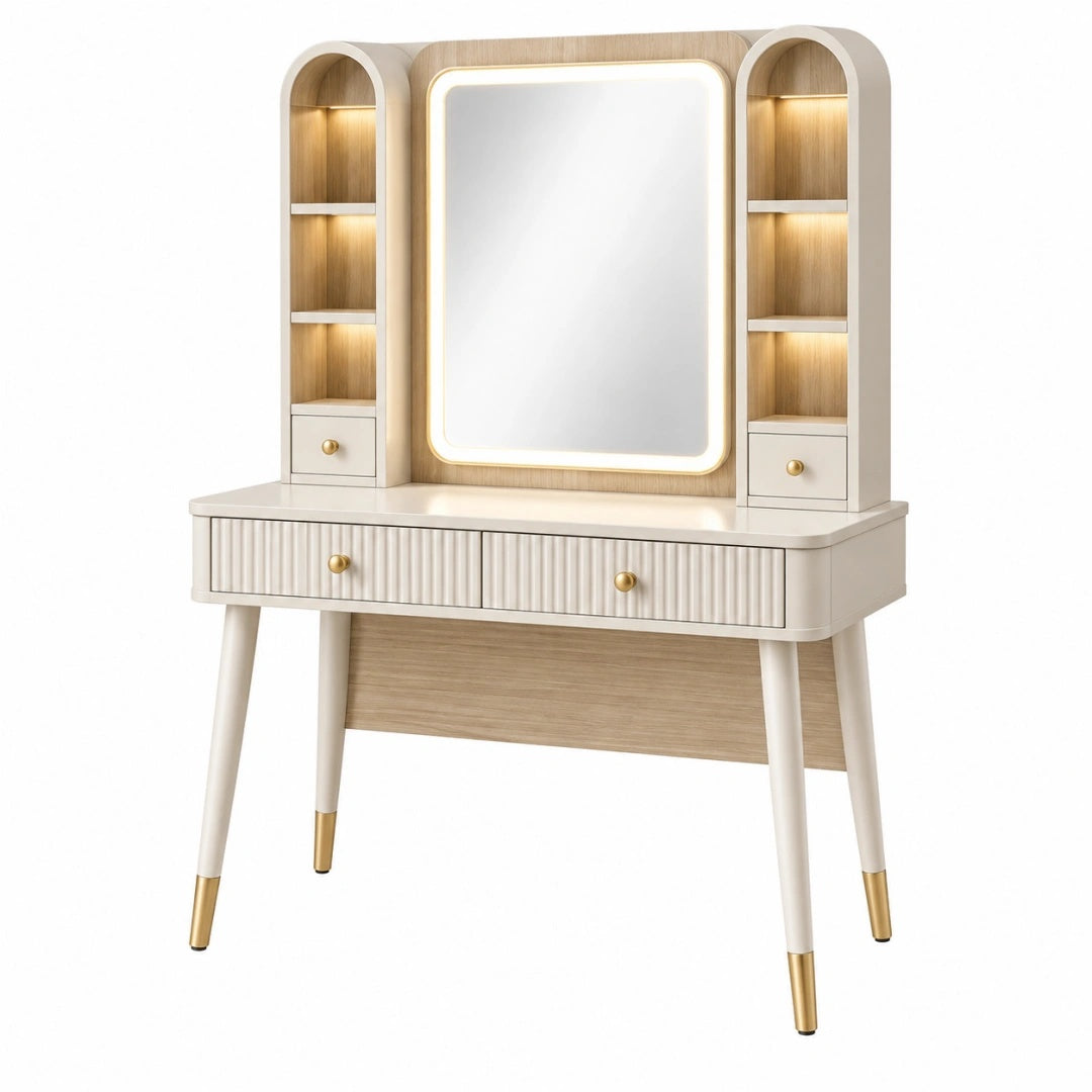 Coiffeuse 120 x 45 x 150 cm en panneaux de bois blanc et bois clair avec miroir éclairé et rangements