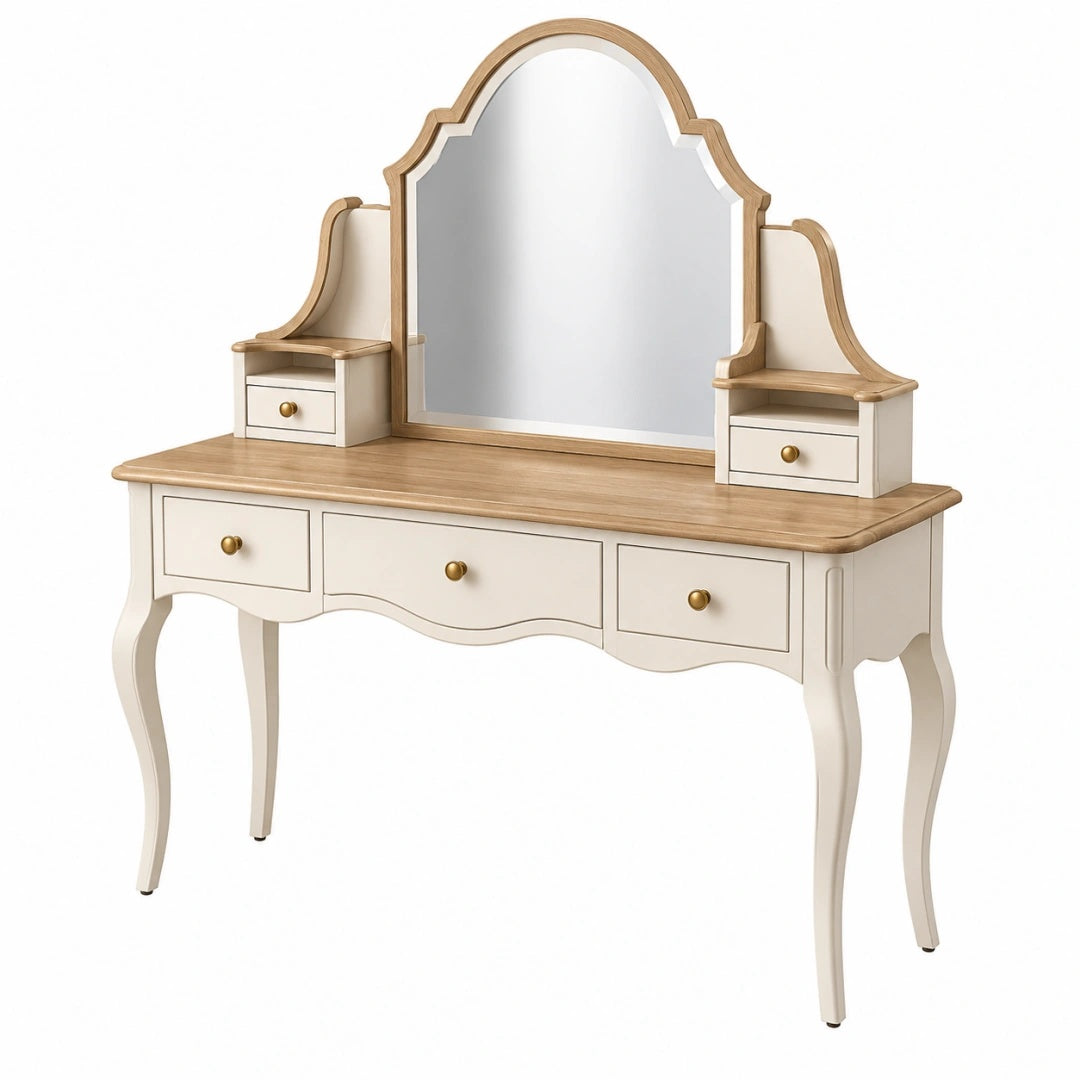 Coiffeuse 120 cm 45 cm 150 cm en bois blanc et naturel avec miroir style classique