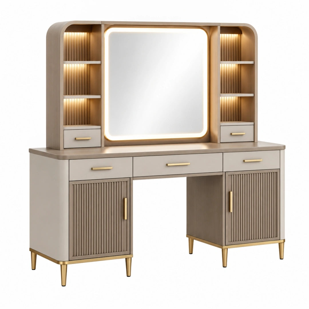 Coiffeuse 140 cm en panneaux de bois beige taupe avec miroir éclairé et rangements style contemporain