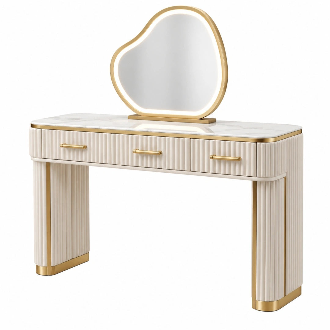 Coiffeuse 120 x 45 x 78 cm en bois d'ingénierie blanche et dorée avec miroir lumineux style moderne