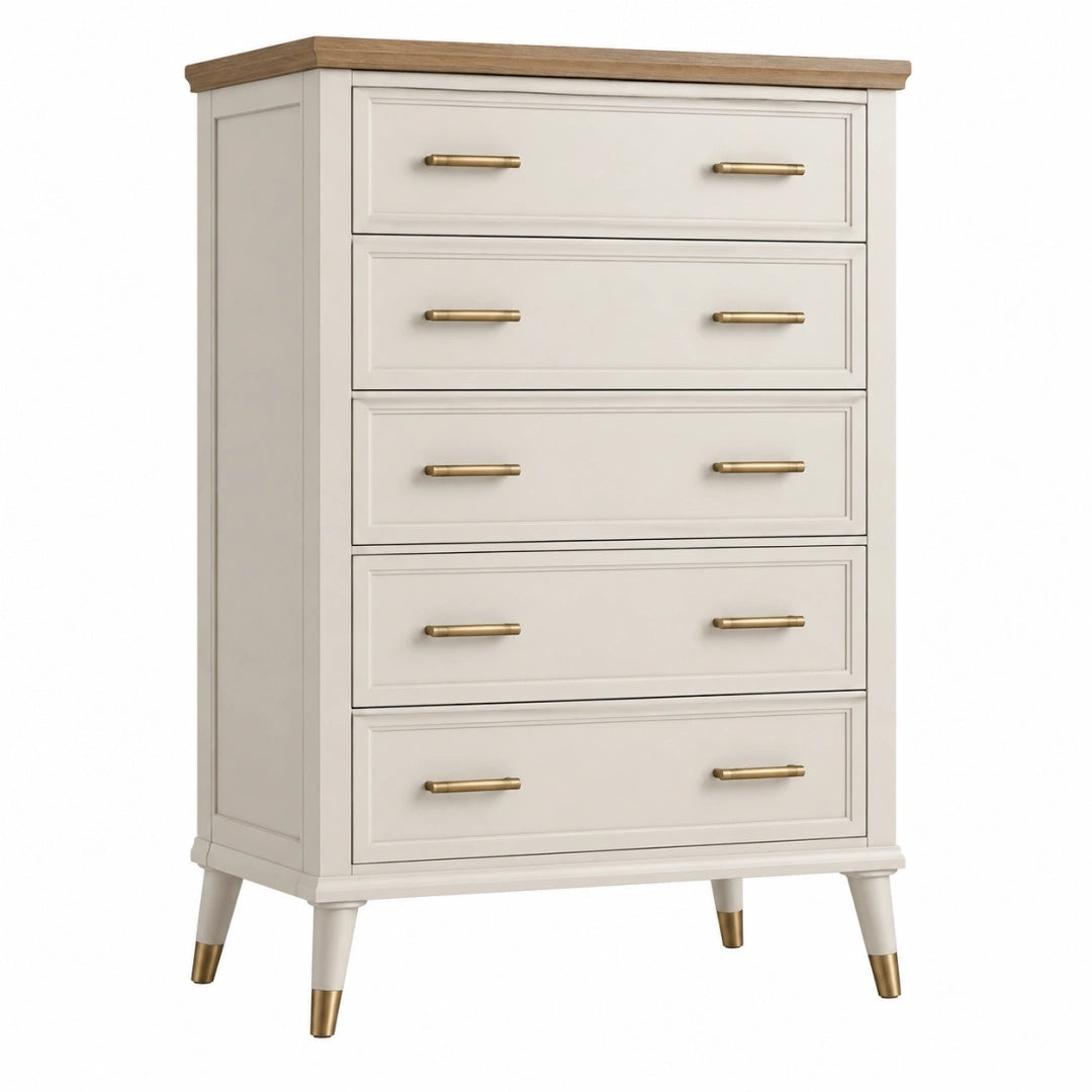 Commode 80 x 40 x 110 cm en bois blanc et brun - 5 tiroirs style classique