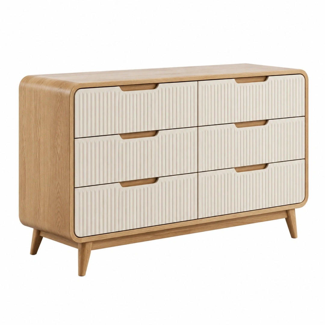 Commode 120 cm en bois beige et blanc à 6 tiroirs style scandinave