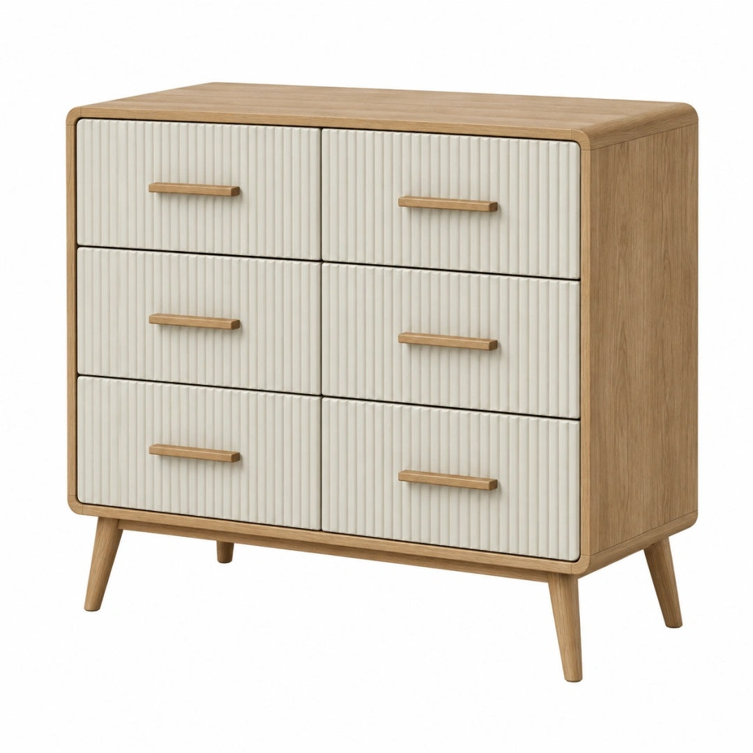 Commode 120 x 40 x 90 cm en bois beige et blanc à 6 tiroirs style scandinave