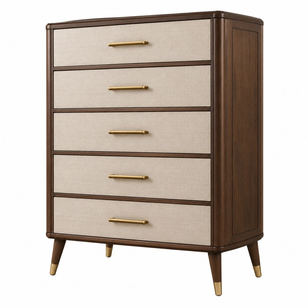 Commode 90 x 45 x 130 cm en bois marron et beige à 5 tiroirs style rétro