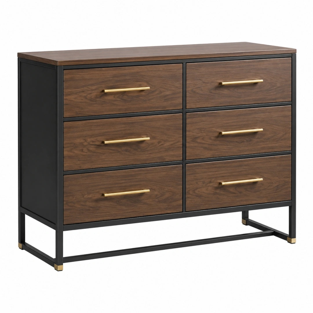 Commode 120 x 45 x 90 cm en bois brun et métal noir à 6 tiroirs style industriel
