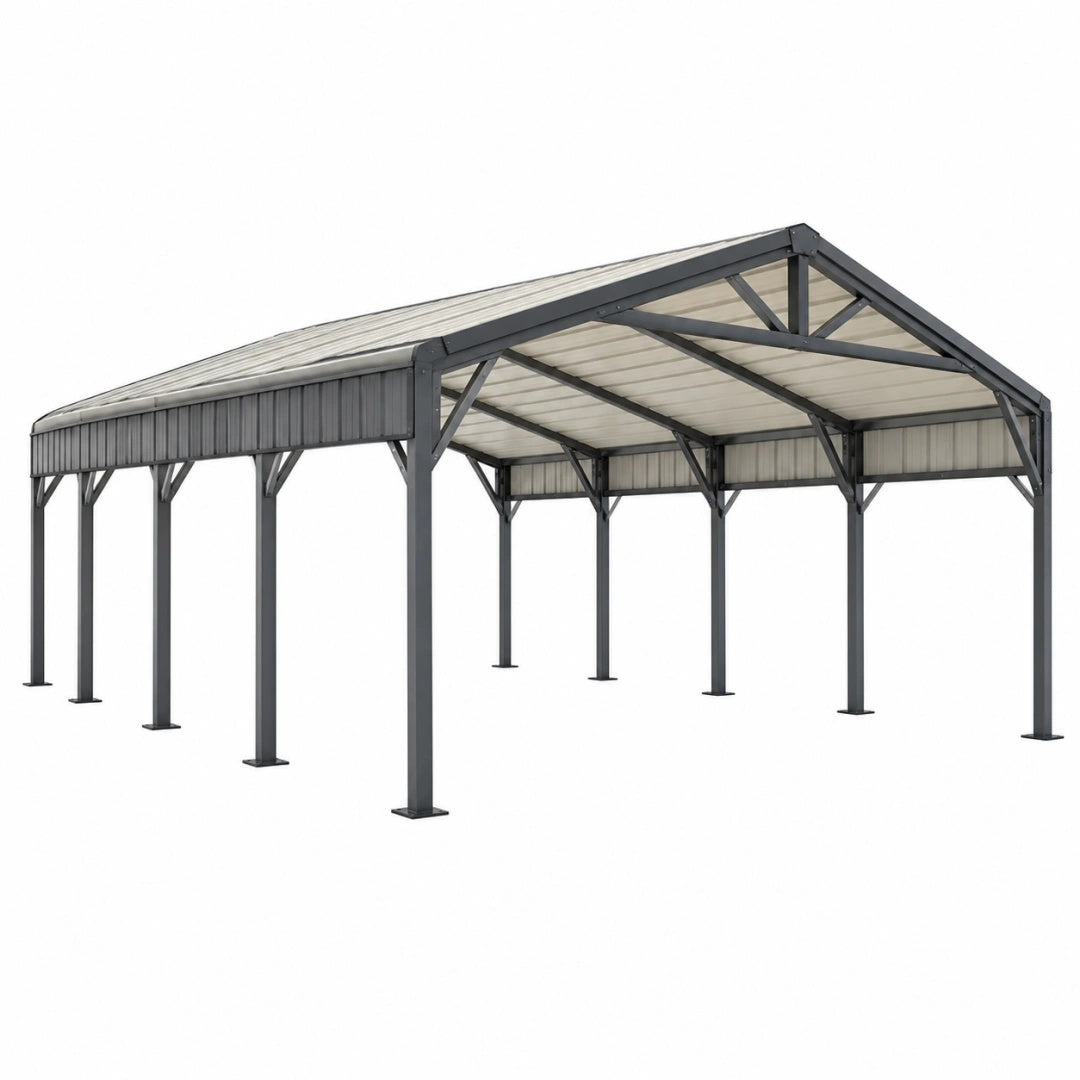 Abri voiture 600 x 300 x 270 cm en acier anthracite et blanc avec toit incliné