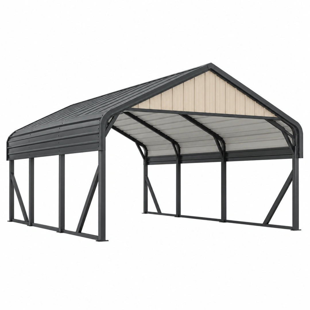 Abri voiture 610 x 366 x 290 cm en acier anthracite et beige - toit à pignon pour extérieur