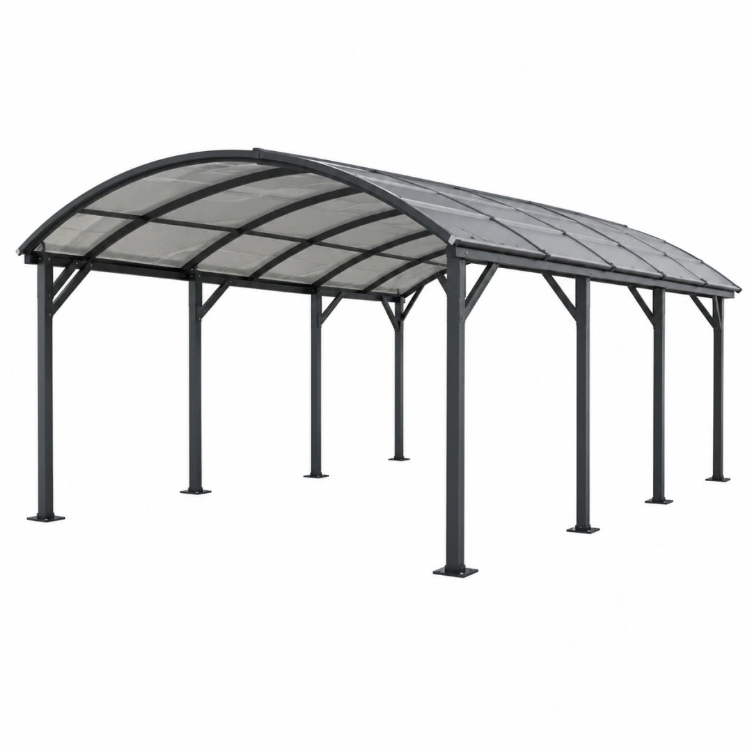 Abri voiture 600 x 300 x 280 cm en métal noir avec toit translucide arqué