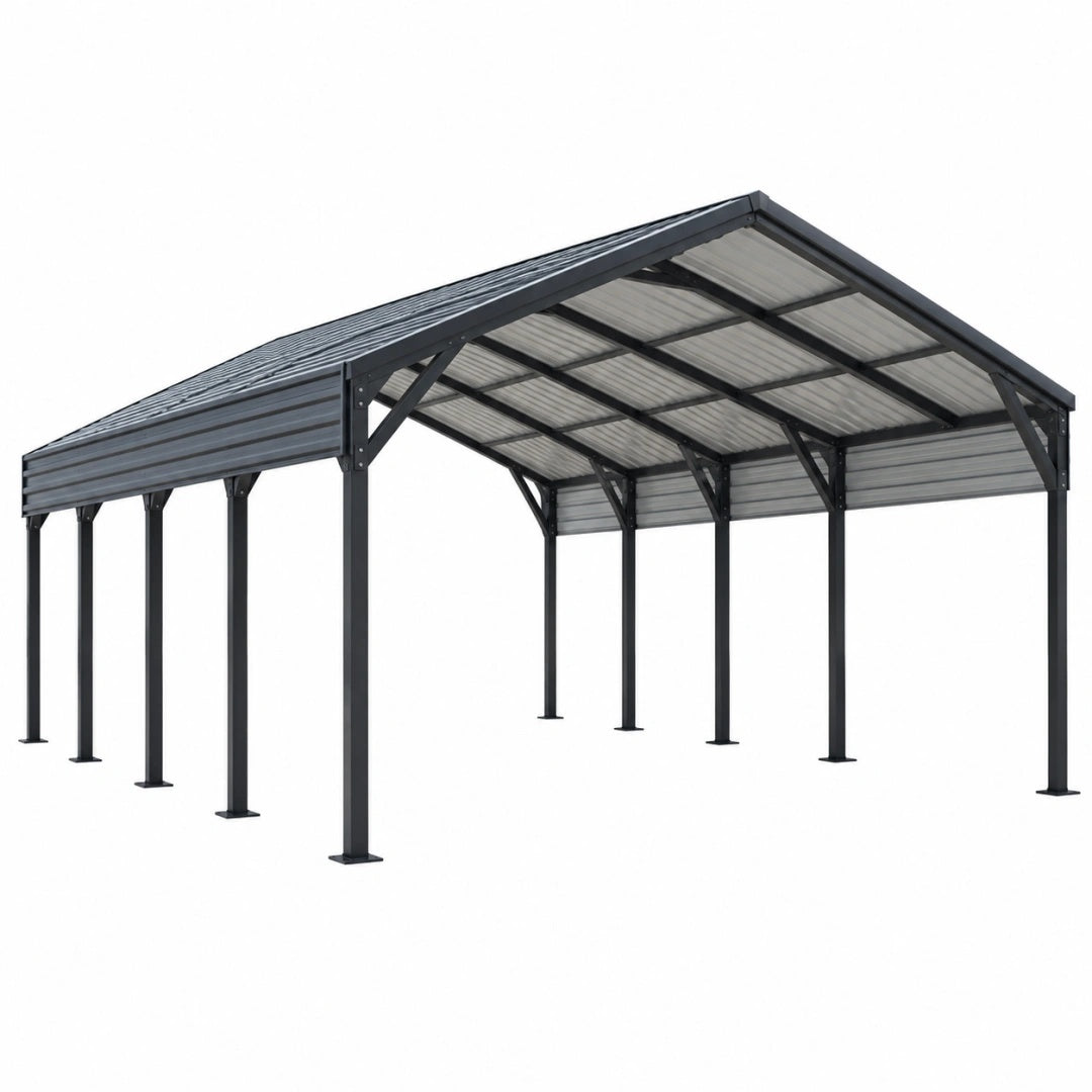 Abri voiture 600 x 300 x 270 cm en acier noir avec toit incliné