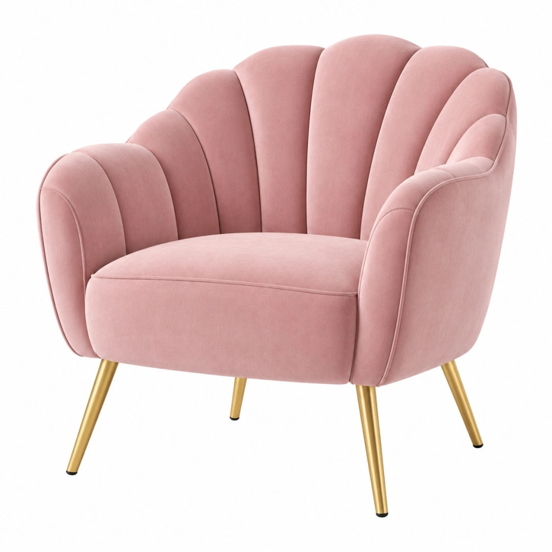 Fauteuil 80 x 76 x 82 cm en velours rose style coquille pieds métalliques