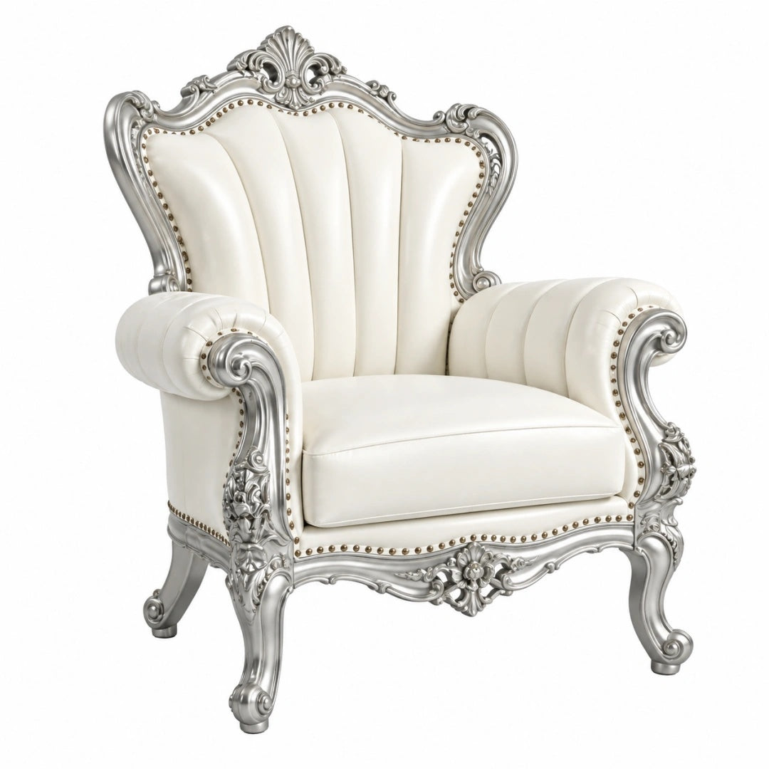 Fauteuil 100 x 90 x 125 cm en revêtement blanc et bois argenté style baroque