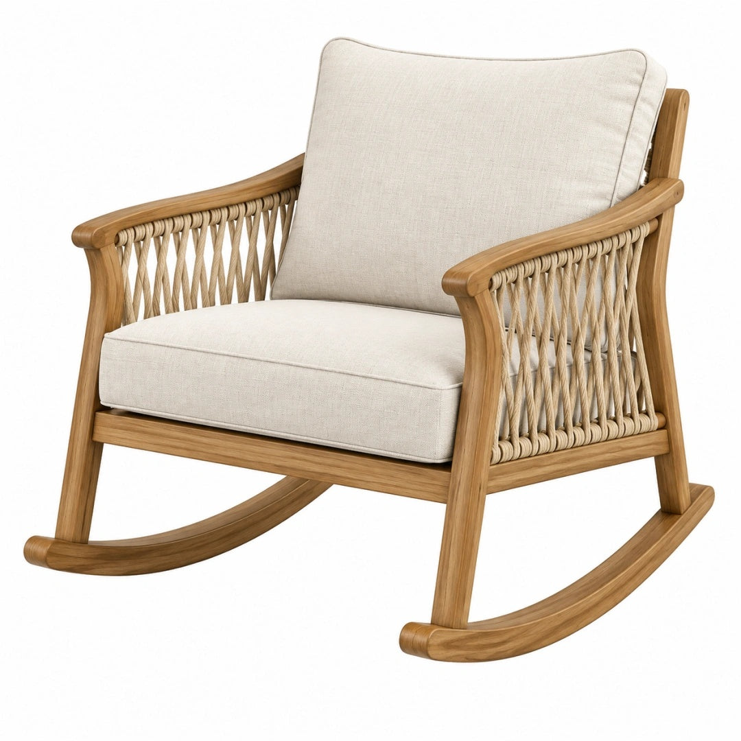 Fauteuil à bascule 70 x 90 x 90 cm en bois naturel et textile écru style bohème