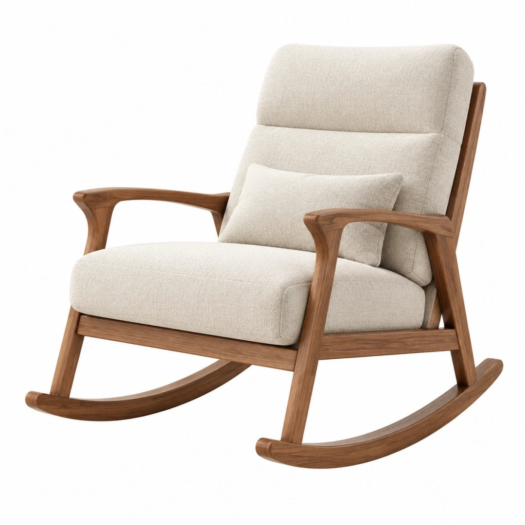 Fauteuil à bascule 70 x 95 x 100 cm en bois et tissu beige pour salon style scandinave