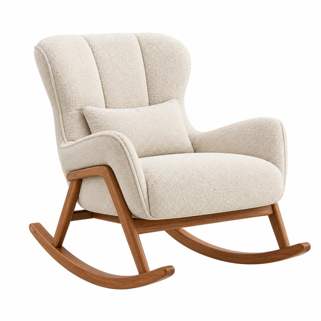 Fauteuil à bascule 70 x 95 x 100 cm en tissu bouclette beige et bois style scandinave