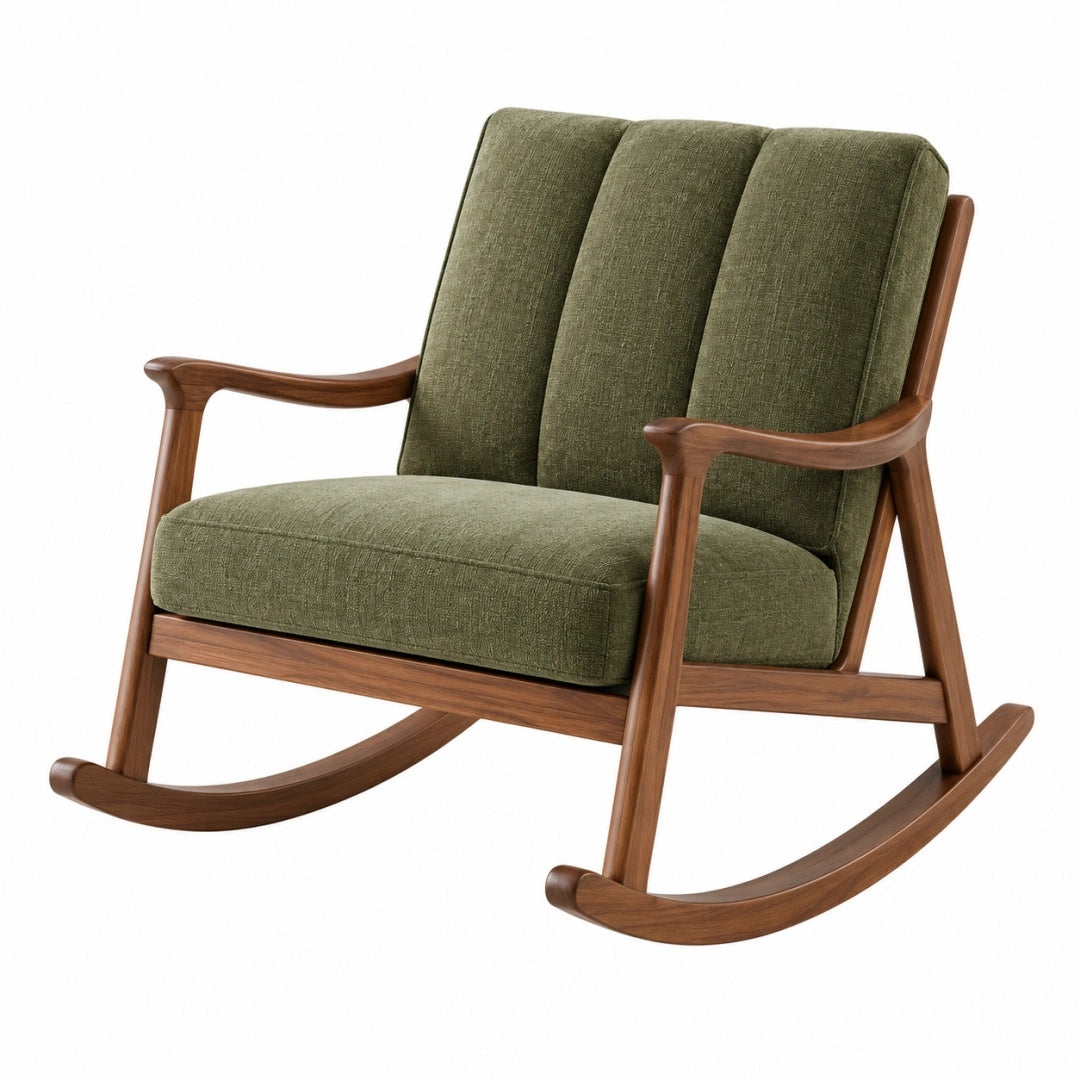 Fauteuil à bascule 70 x 100 x 98 cm en bois et tissu vert olive style scandinave