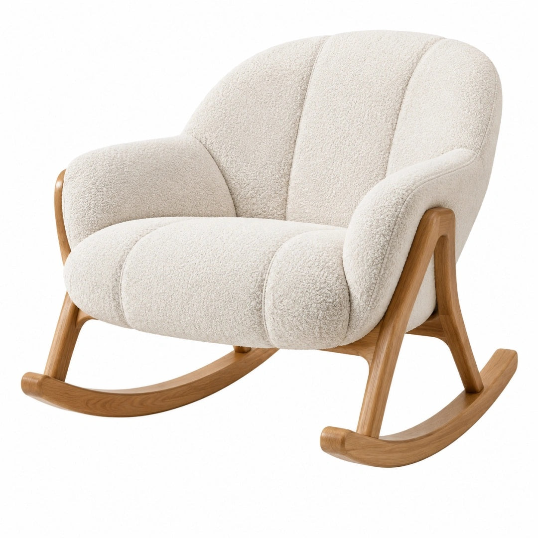 Fauteuil à bascule 96 x 76 x 98 cm en tissu bouclette écru et bois naturel style contemporain