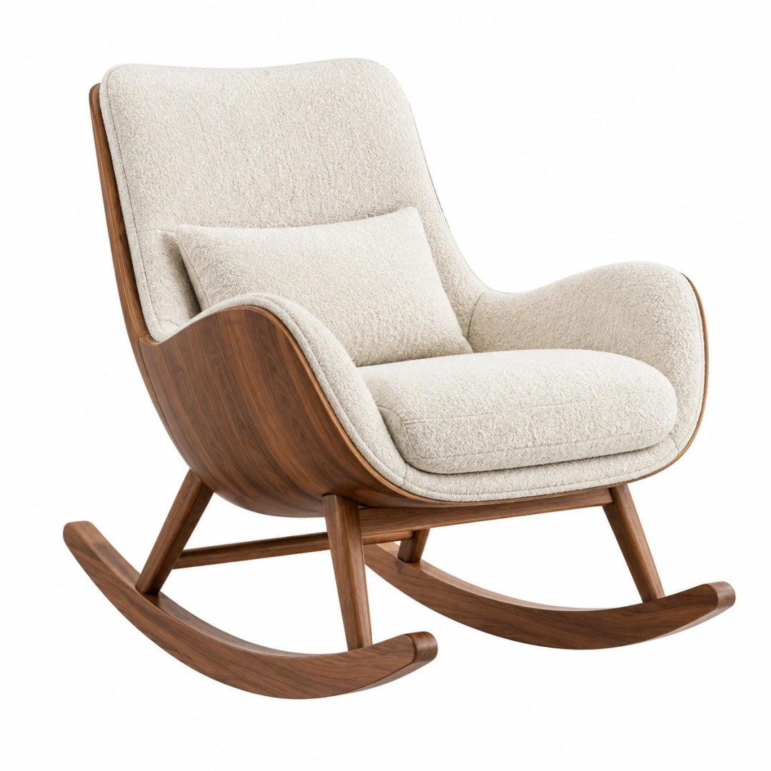 Fauteuil à bascule 100 x 75 x 100 cm en tissu bouclette écru et bois style scandinave