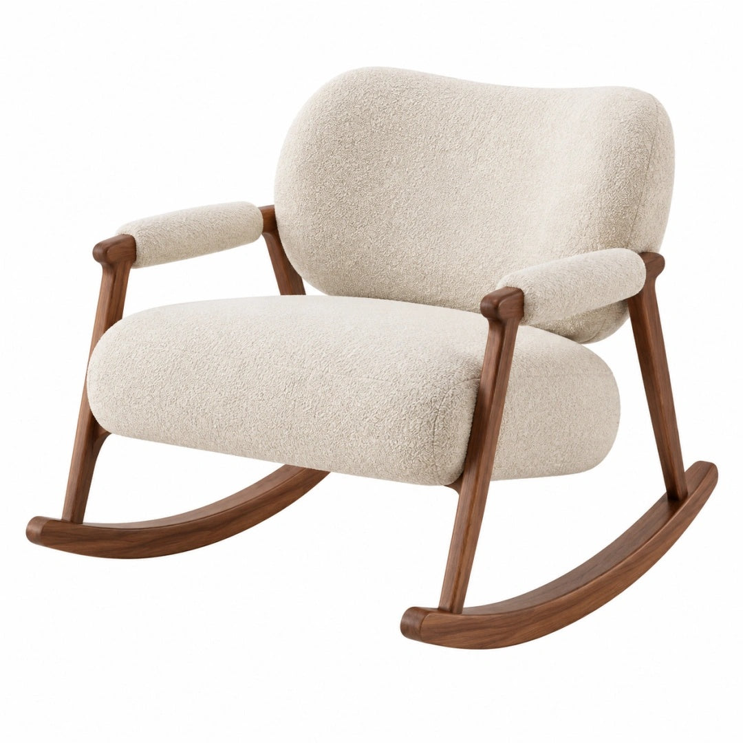 Fauteuil à bascule 95 x 75 x 96 cm en tissu bouclette écru et bois brun style contemporain